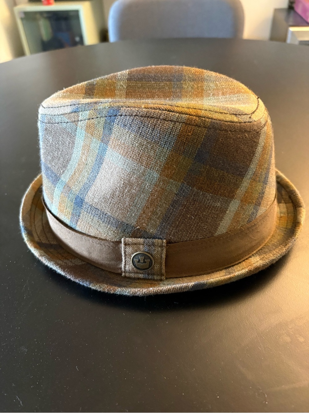 Goorin Bros Brown Plaid Fedora with Blue and Mustard Accents